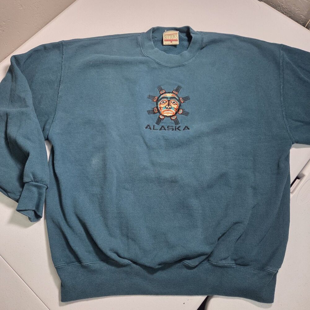 Vintage Sutton's Sportswear Alaska Embroidered Graphic Sweatshirt Teal Large